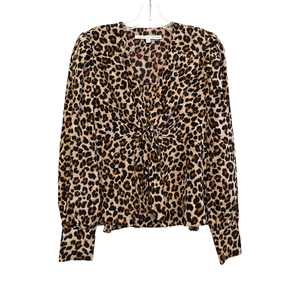 Veronica Beard Payton‎ Animal Cheetah Print Blouse Size 2 Long Sleeve 100% Silk